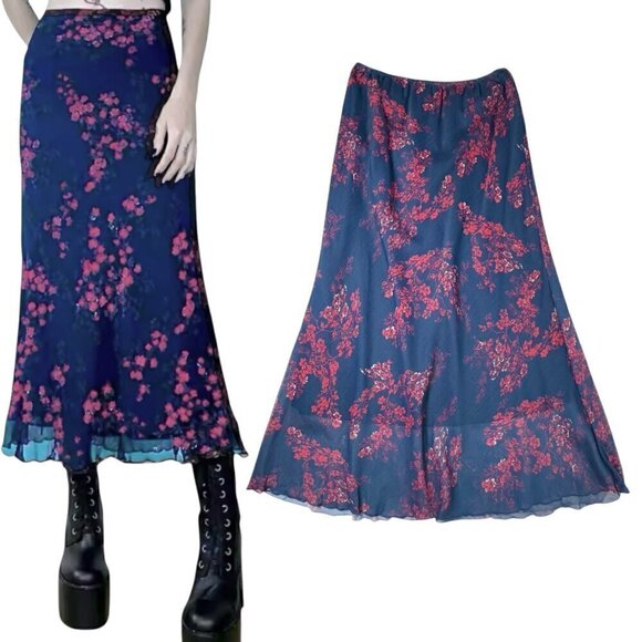 NWOT Maxi Skirt Sz.M Dark Blue Floral A-Line Fairy Grunge Y2K 90s Goth - Picture 1 of 8